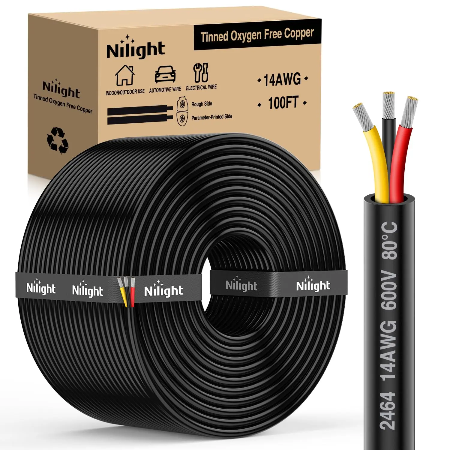 Nilight 100FT 14AWG 3-Conductor Tinned Oxygen-Free Copper Electrical Wire, Red-Black-Yellow Parallel Wires, 600V DC Flexible PVC Case Extension Cord for LED Strips, Lamps, Lighting - Anti-Corrosion, Better Conductivity, Solder & Heat Shrink Compatible