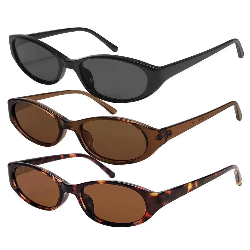 3 PCS Retro Oval Sunglasses for Women Chic Cat Eye 90s Sunnies Lightweight Narrow Shades UV Protection Trendy Sun Glasses