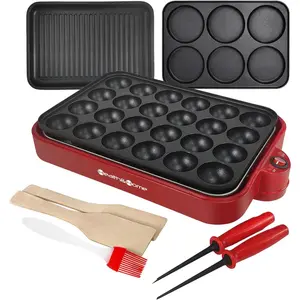 Multifunction Nonstick Baking Maker with 3 Interchangeable Baking Plates for Grill,Pan Cake  Cake Pops,Takoyaki Maker.RED