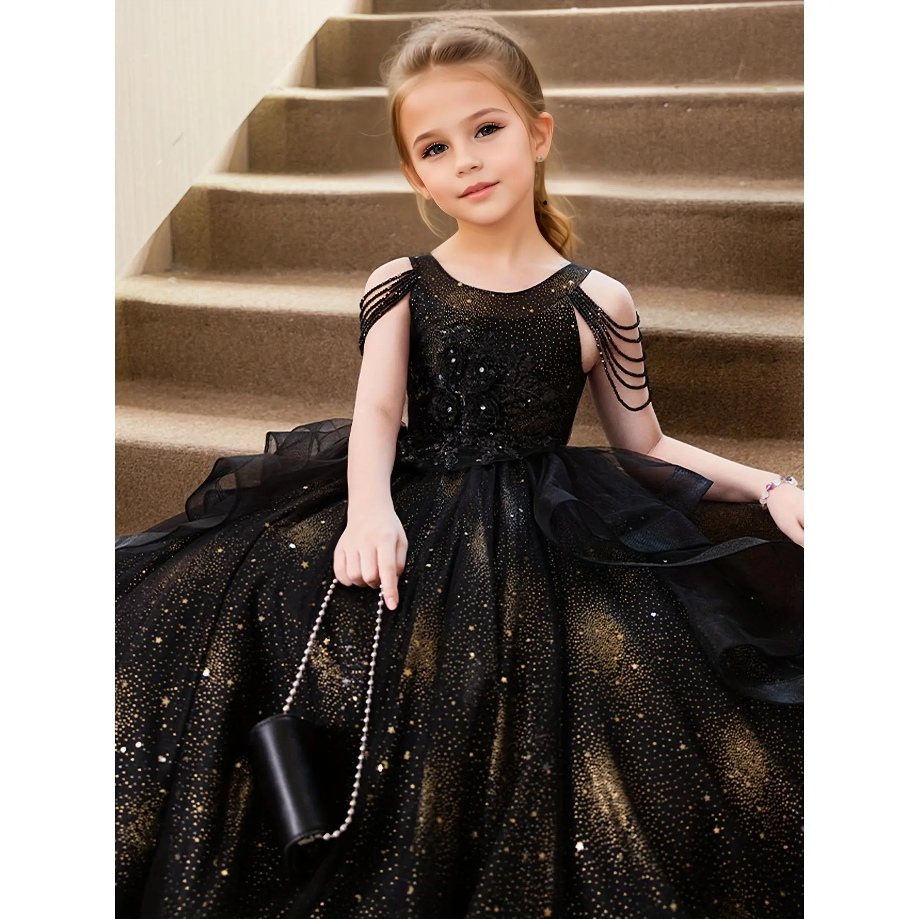 Girls' Polyester Sleeveless Round Neck Patchwork Evening Dress, Elegant Banquet Wear with Fringe, High-End Court-Style Princess Clothes