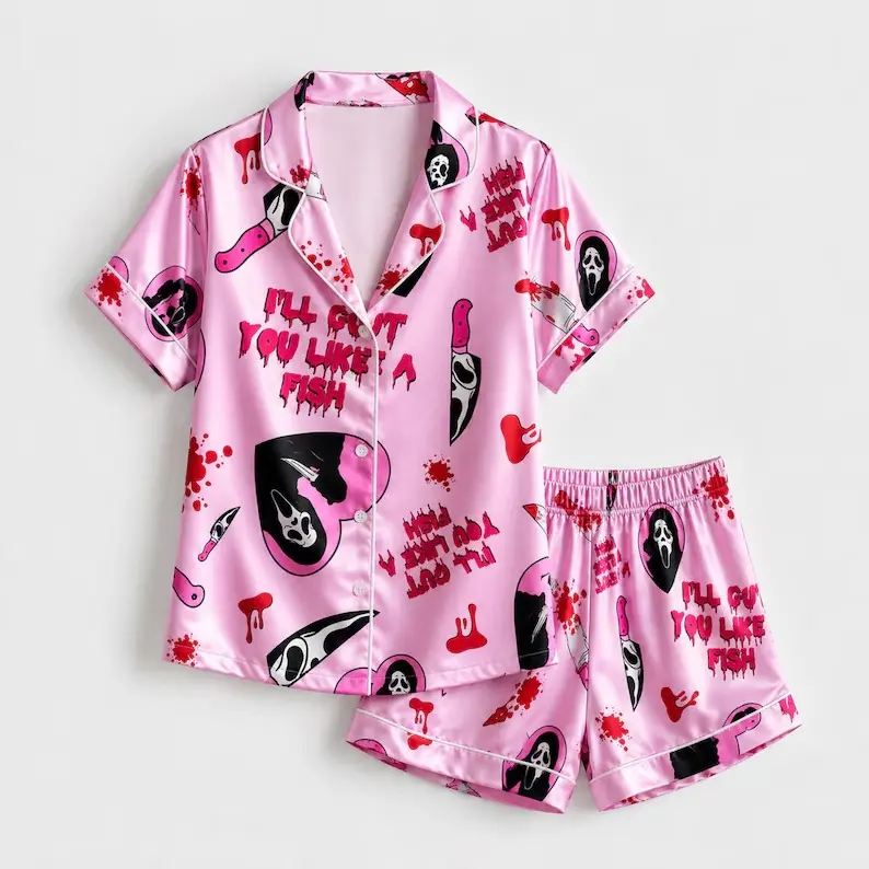 Women's Scream Ghost Face Halloween Pajamas Set Combo I'll Gut You Like A Fish Pink Satin Sleepwear Short Long Sleeve Shirt Shorts Pants Loose Comfy Horror Costume Fall Autumn