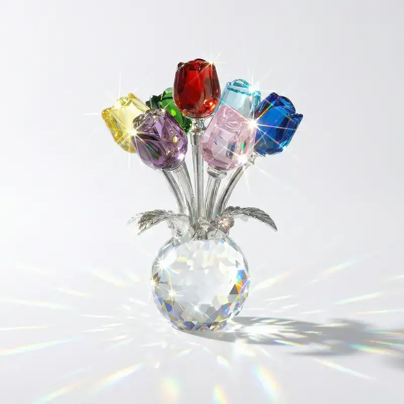 Shiny Crystal Rose Flower Arrangement with Glass Vase, Elegant Small Centerpiece Decoration for Coffee Table, Shelf, Bedroom, and Living Room, Unique Housewarming Gift