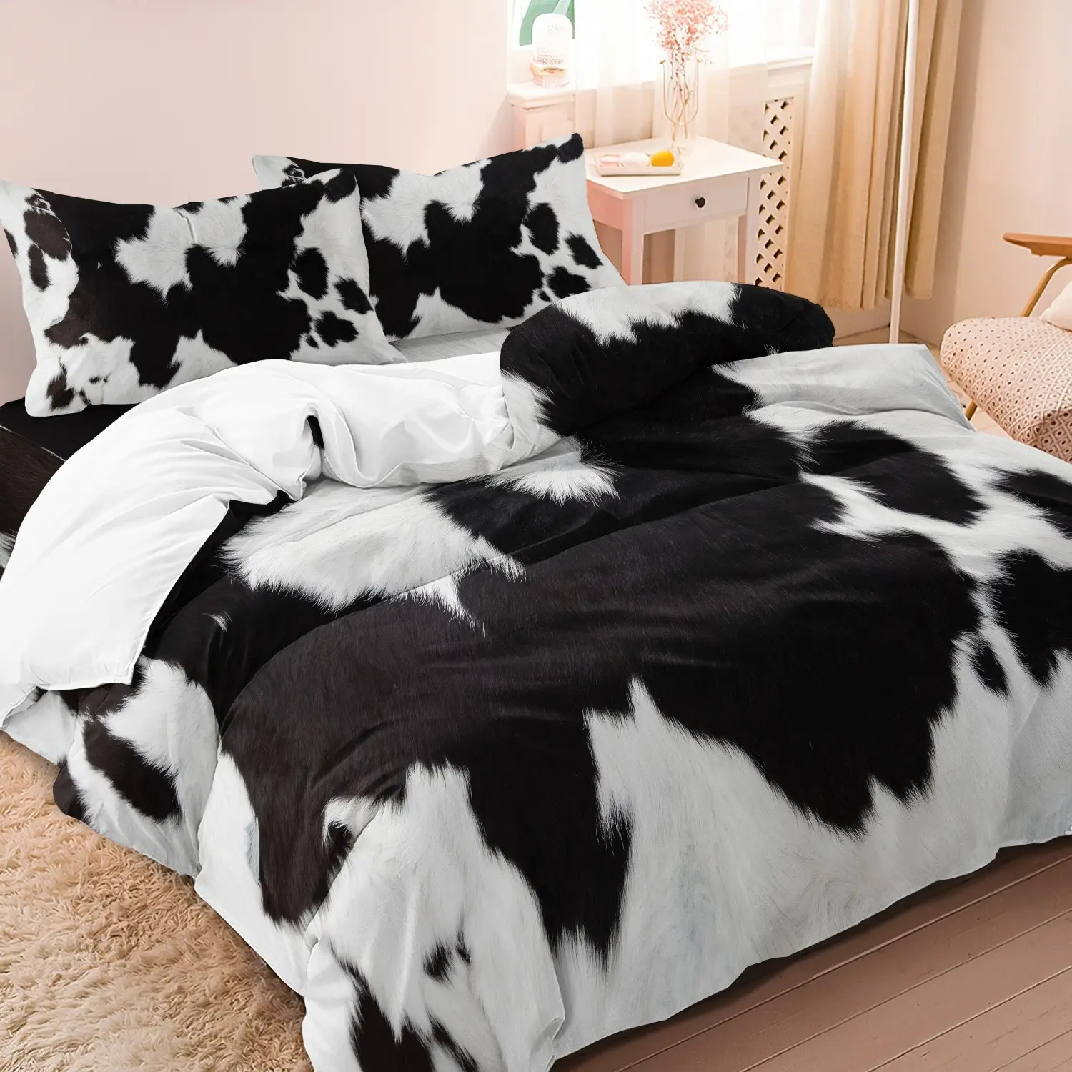 3Pcs set black and white Cow Pattern Yak Leather Printed Bedroom Bedding Set With Washable Ultra-Fine Microfiber Duvet Cover Sets, Soft And Comfortable, Included 1*Duvet Cover & 2 Pillowcase( Comforter Not Included)