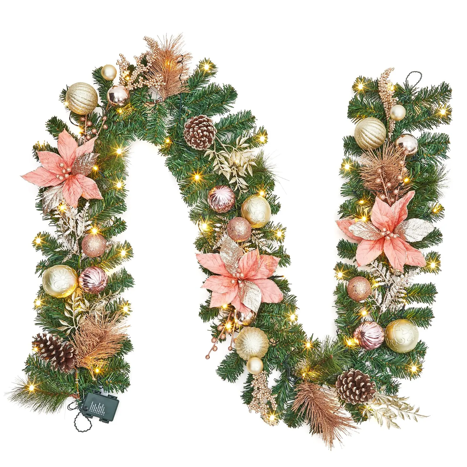 Garvee 9 Ft Battery-Operated Prelit Christmas Garland, Home Supplies with 40 LED Lights, Ornament Mix, Ball Ornaments, Poinsettias for Fireplace, Doorway Decor (Dry Battery Power)