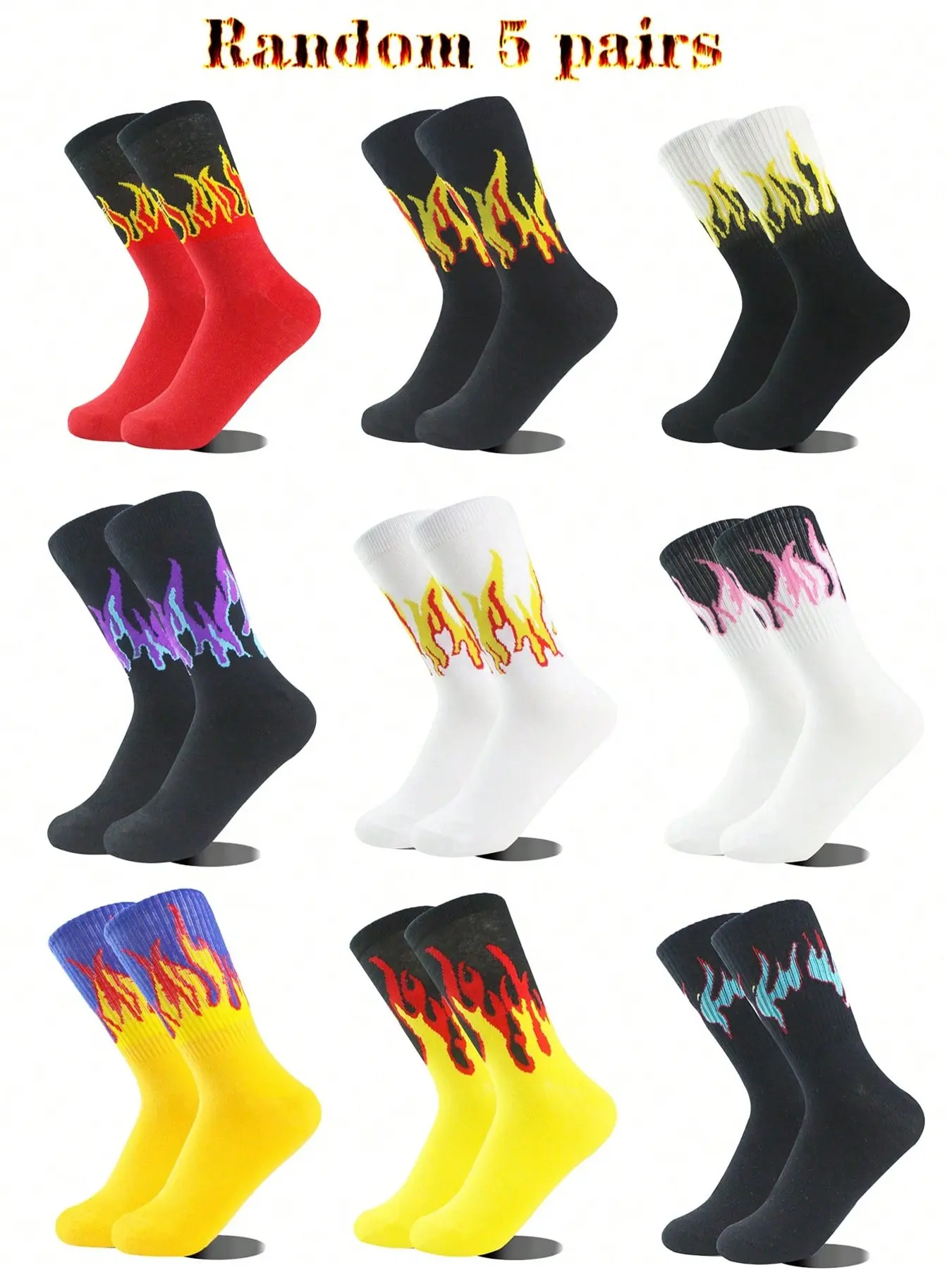 Colorful Flame Mid-Calf Socks, Socks Men, Flame Pattern, Casual Stylish Socks, Versatile Breathable, 5 Pairs Random Pack, Comfortable and Stylish Footwear