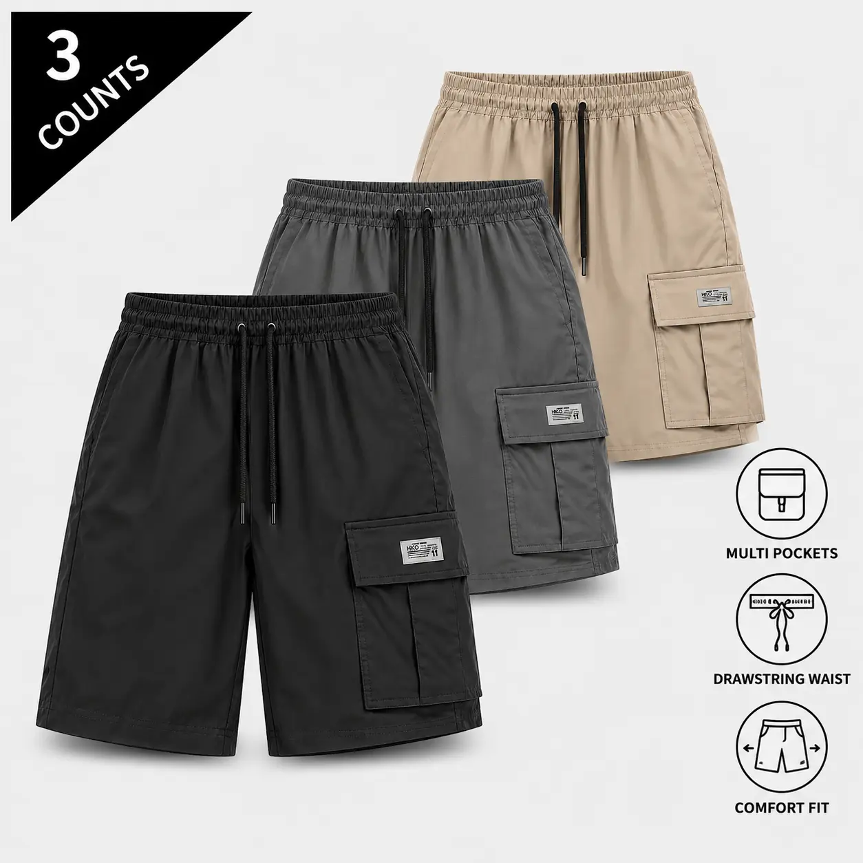 Men's 3-Pack Cargo Shorts with Drawstring Waist, Multi-Pocket Casual Shorts for Men, Lightweight Summer Shorts, Black Gray Khaki, Comfortable Shorts para Hombre for Daily Wear
