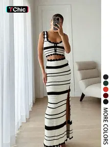 Two-piece Set Women's Striped Print Crop Knit Top & Skirt, Elegant Fashion Casual Hollow Out Knit Top & Skirt for Daily Outdoor Wear, Women's Knitwear for Summer, Clothes, Cute Summer Outfit