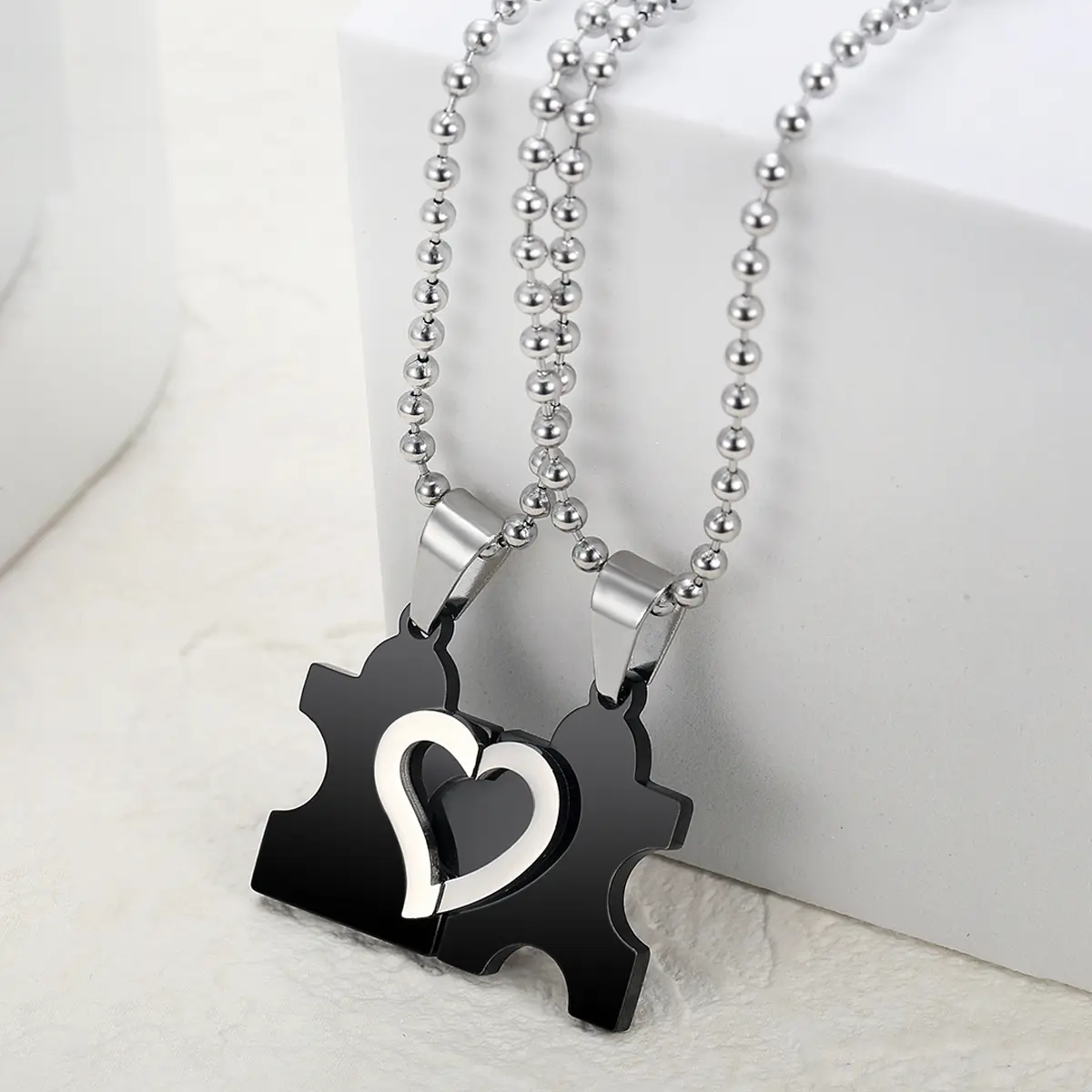 Unisex Black Heart-Shaped Puzzle Pendant Necklace - Stainless Steel Daily Wear Necklace, Modern Costume Jewelry Fashion Accessory, Casual