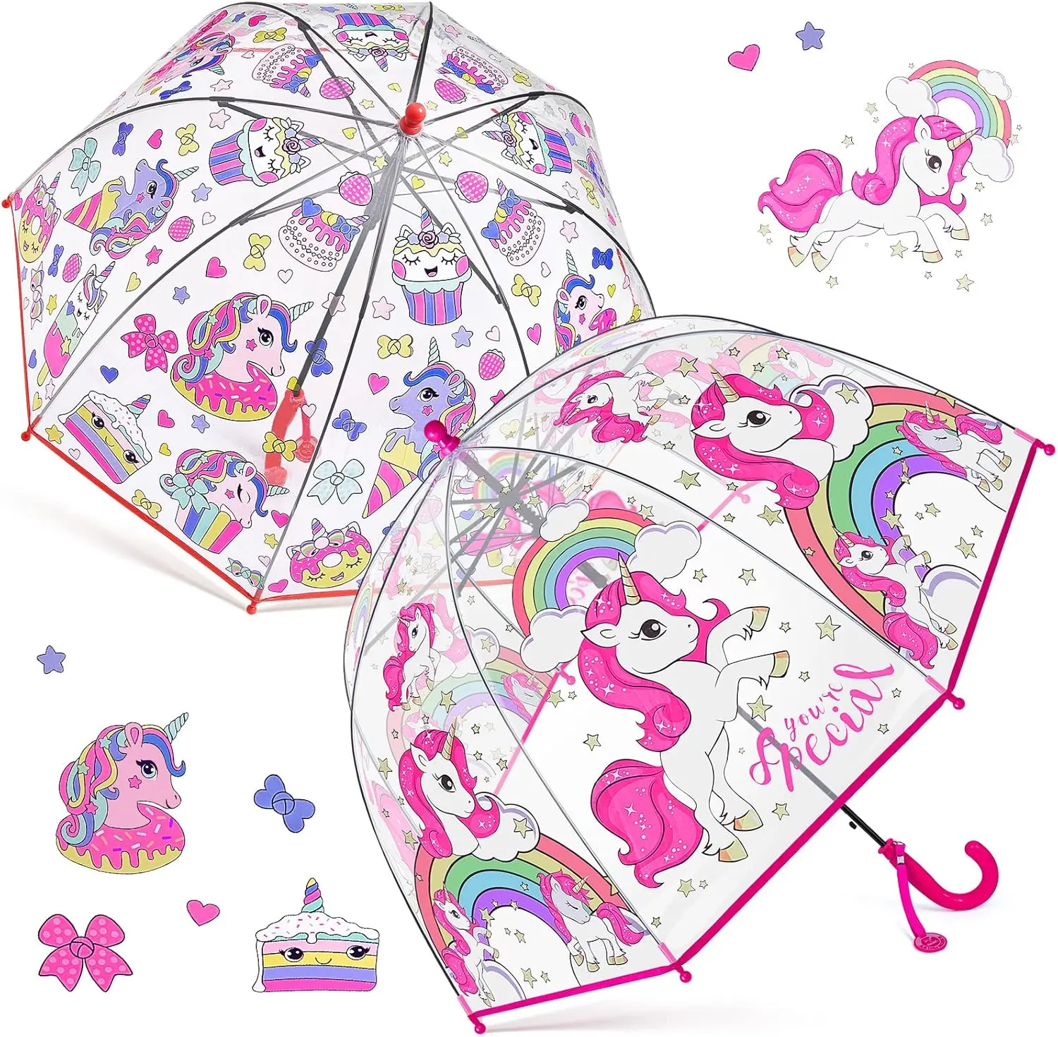 2 Pack Kids Clear Bubble Umbrellas, Windproof Transparent with Easy Grip Curved Handle for Toddler Boys Girls