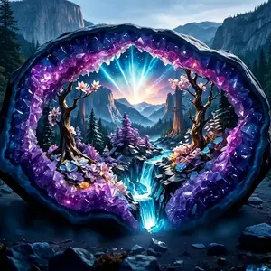 Amethyst Geode Mountain Waterfall Fantasy Landscape Diamond Art Kit - 11.8"×11.8"