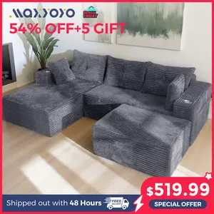 【2 Packages Shipping】MAXYOYO 104" Plush Corduroy Cloud Velvet Modular Boneless Couch with Chaise & Ottoman, No Assembly Required - U-Shaped Sectional Sofa Set with Flexible Configuration,  Oversized Sofa Sleeper with Deep Seat
