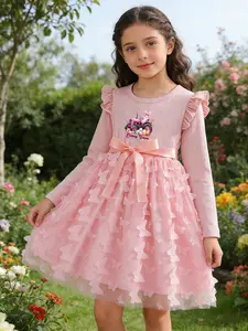 Girls' Gradient Mesh Dress with Rabbit Bow, Long Sleeve Princess Dress, Round Neck, Belted Waist, Perfect for Gifts and Parties