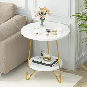 LITTLE TREE Faux Marble End Table, 2 Tier Round Side Table with Shelves, Modern Gold Nightstand Bedside Table Small Coffee Accent Table for Living Room Bedroom