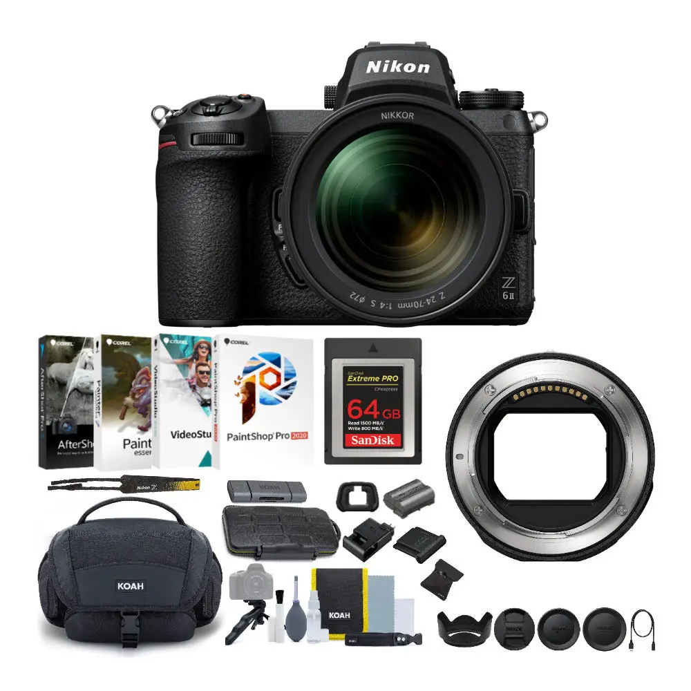 Nikon Z 6II FX-Format Mirrorless Camera Bundle with 24-70 Lens, FTZ II Mount Adapter, 64CFX Card, Shoulder Bag, Accessories, Type B Cleaning Kit, Wireless SD Card Reader, 24.5 Mp, 273-Point Hybrid Af System