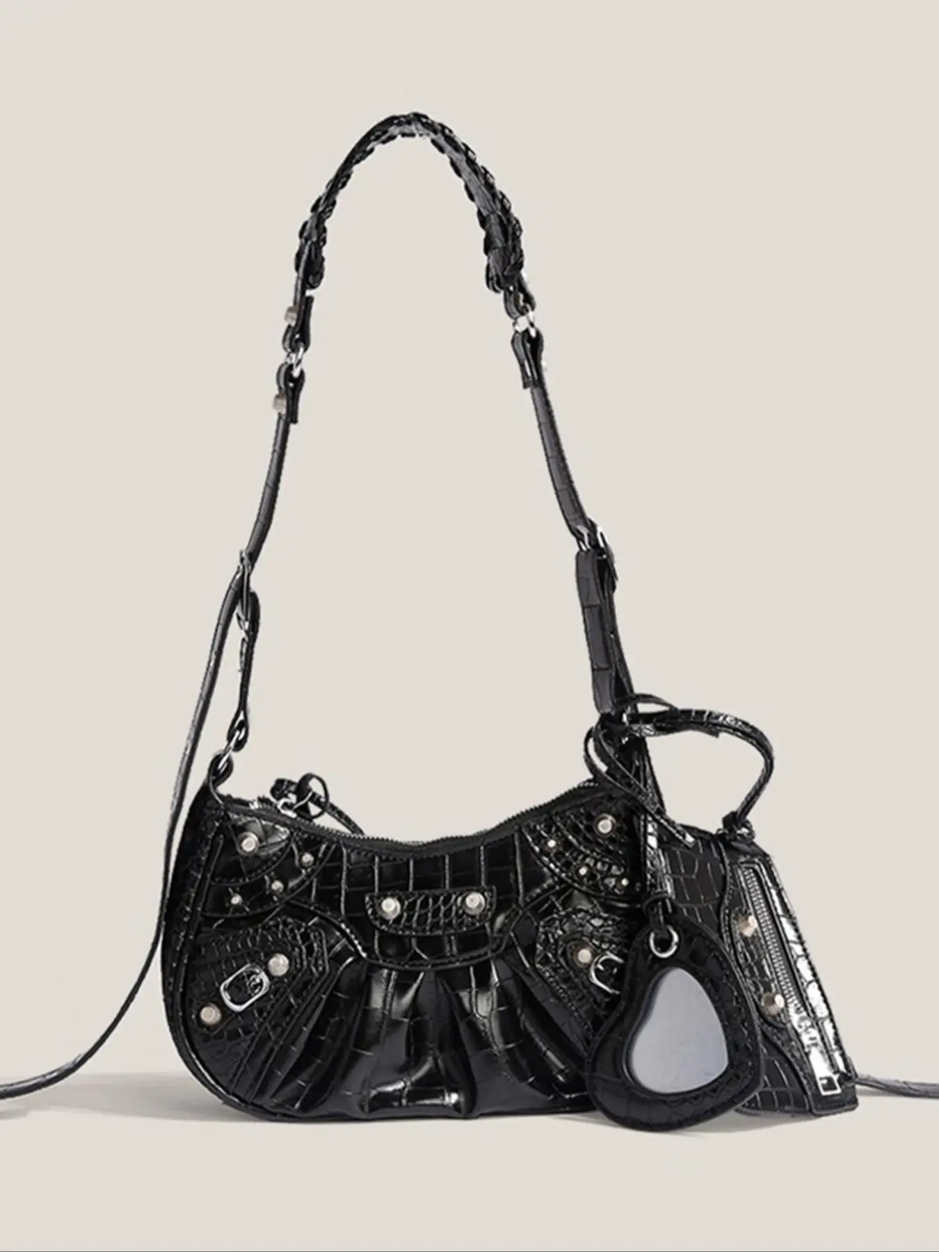 Women's Punk Style Embossed Shoulder Bag, Gifts for Wife, Fashionable Heart Decor Underarm Pu Leather Bag with Heart Bag Charm, Rivet Tassel Design Sh