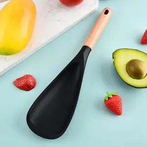 Wooden Handle Silicone Cooking Spoon, Nonstick Cookware Safe, BPA-Free & Heat-Resistant Spatula for Stirring, Mixing, Flipping, Scraping (1 Pc, Black)