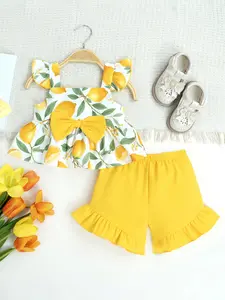 Girls' clothing, girls' set, Shorts, fresh sweet style, fruit print, large bow decoration, ruffled skirt, baby girl birthday gift, suitable for outdoor walks and gatherings in spring and summer