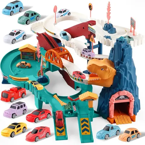 Car Ramp Track Toy for Kids, Dinosaur Mountain Playset with 10 Cars, Motorized Lift, Multi-Level Sliding Ramps, Dinosaur Tunnel and Parking Garage, Birthday Gift