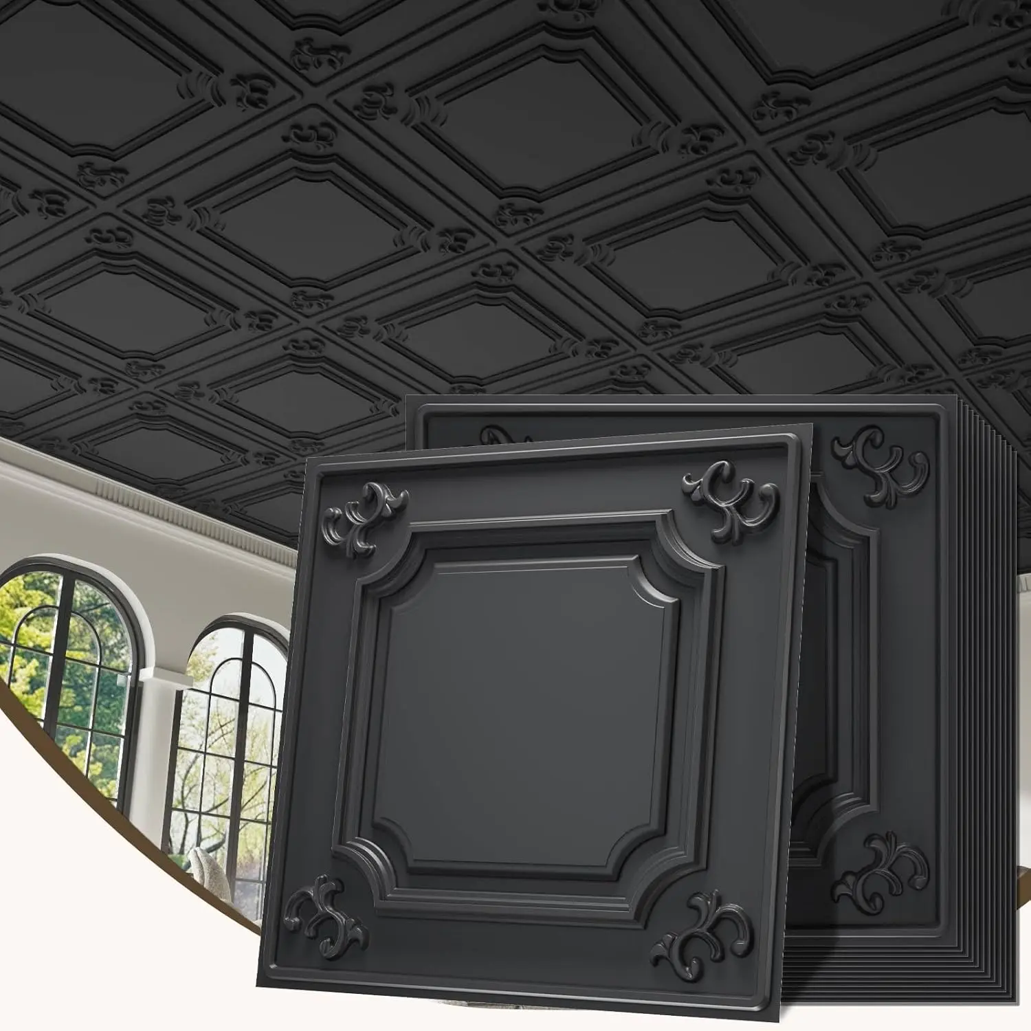 LooYee Glue-Free 3D Ceiling Tiles (24 PCS, 24x24 in/2x2 ft) Black PVC Fantasy Geometric French Style, Lightweight Waterproof Washable, Heat-Insulating Fade-Resistant, 96 Sq.Ft Coverage, Aesthetic Room Decor Mold 3D Wall Panels for Living Room Bathroom, Gl