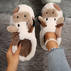 Women Cartoon Cow Cotton Slippers Cute and Comfortable Plush Animal Slippers Winter Indoor and Outdoor Slippers Shoes Footwear Khaki