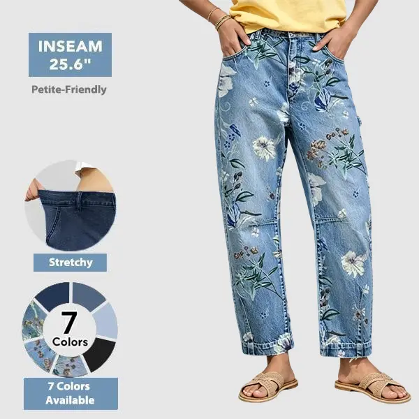 Flamingals Mid Rise Premium Barrel Jeans Stretchy Flattering Fit Modern Stitching All Seasons Ultra Comfy Denim for Casual Outfit