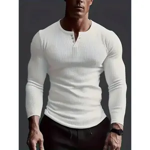 Autumn Men's Collarless Breasted Henry Shirt Top Fitness High Stretch Base Shirt Solid Color Plus Size Casual Long Sleeve