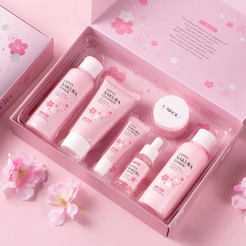 Cherry Blossom Glow Set! Skin Rejuvenating Set, 6-Piece Gentle Cleanser+Toner+Lotion+Serum+Eye Cream, Natural Brightening, Moisturizer