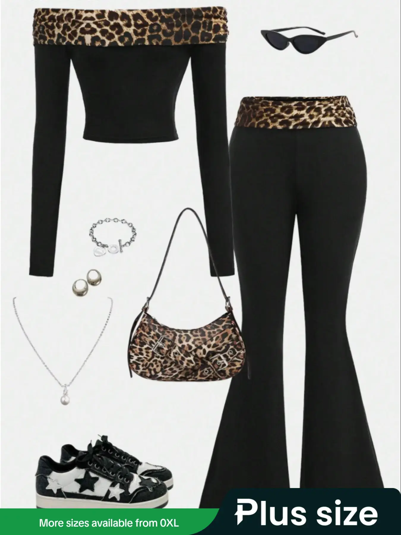 【Plus Size】 Leopard Print Knitted Blouse Set, Elegant Colorblock Design, Slim-Fitting Long Sleeve Top & High Waist Flared Pants, Fall Winter Fashion Animal Print, Womenswear