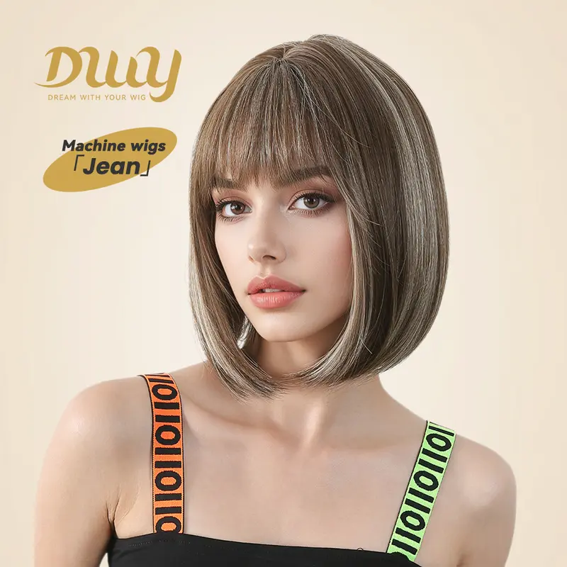 Jean -DWY Short Straight Brown with Blonde Highlights Glueless Synthetic Wig with Bangs for Women 12 Inches Premium Quality Convenient Wigs