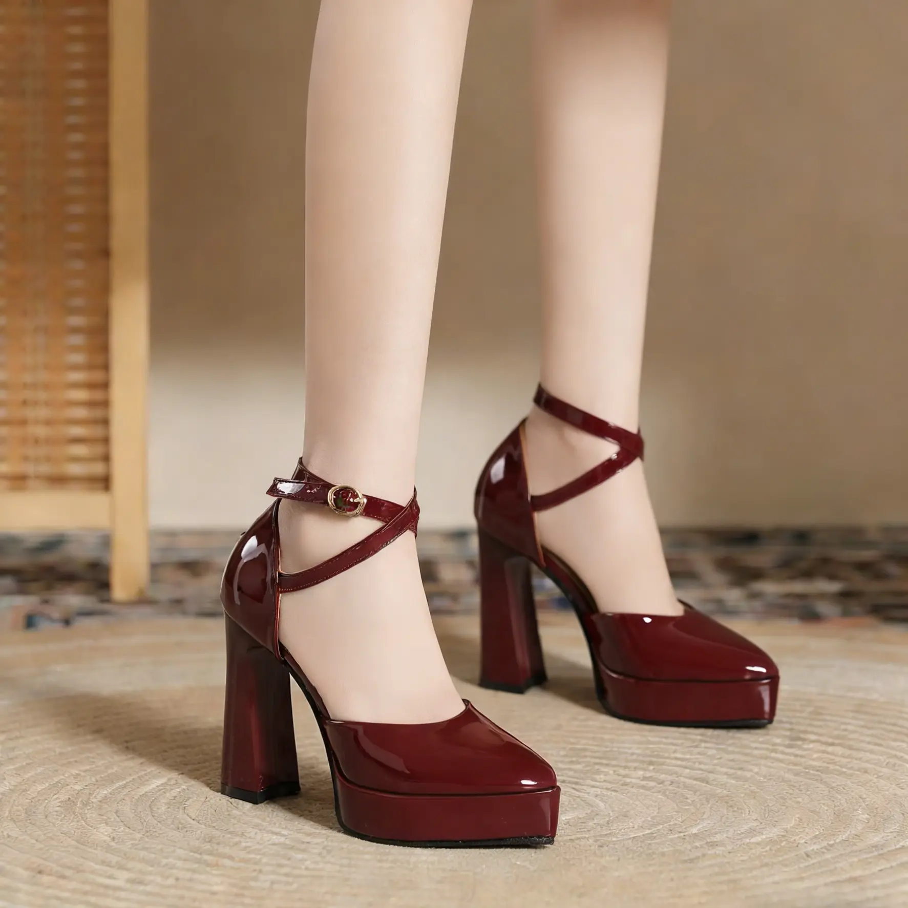 Women Burgundy Pointed Toe Platform Chunky Heels Crisscross Buckle Ankle Strap High Heels Wedding Party Pumps