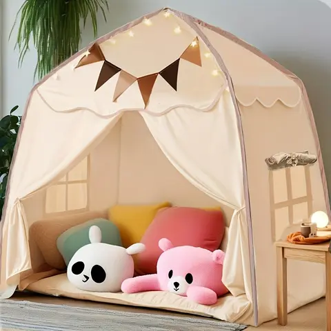 Polyester Kid Tent Playhouse for Toddlers 3+ - Pretend Play Tent with Colorful Flags and Star Lights, Neutral Indoor Room, Bed Crawl Space Furniture (Girls Inclusive)