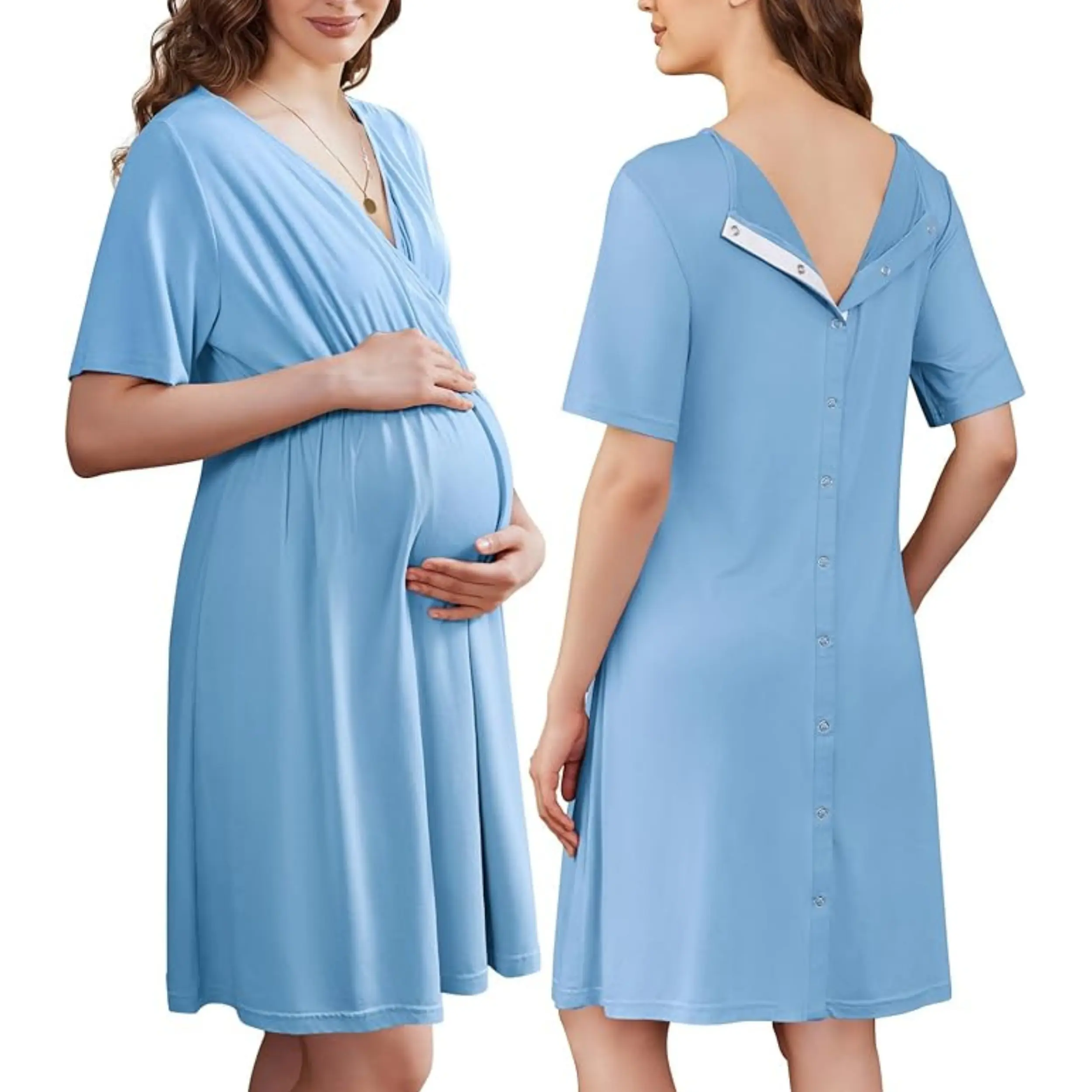Ekouaer Women's Short Sleeve V-Neck Maternity Nursing Gown - Skin-Friendly Robe, Button-Accented Womens Dresses for Pregnancy, Postpartum, Labor, Hospital Use (S-XXL)