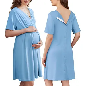 Labor and Delivery Gown for Hospital Short Sleeve Maternity Nursing Dress Nightgown with Button S-XXL Skin-friendly Comfortable Material V Neck Design for Pregnancy Postpartum