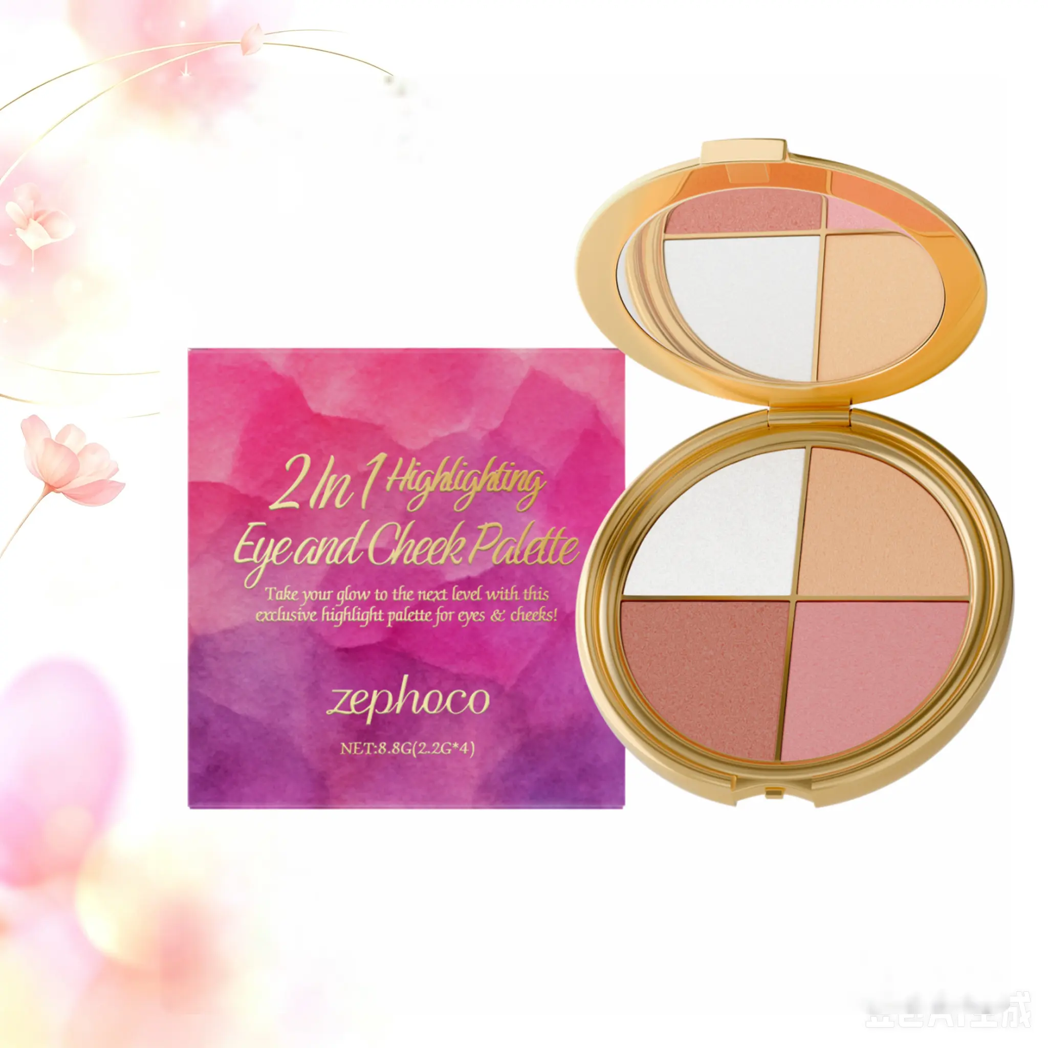 2-in-1 Radiant Shimmer Highlighting Palette,Eye & Cheek Silky Powder Makeup,Travel Compact with Mirror