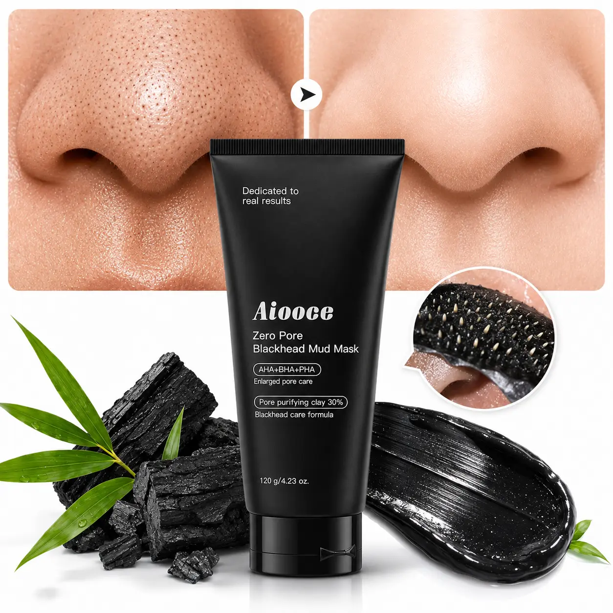 Blackhead Mud Mask, AHA+BHA+PHA Clay Facial Mask with Charcoal, Deep Cleansing Pore Care Formula for Nose & Face, Helps Improve the Appearance of Pores, Smooth-Looking Skin & Fresh Complexion, 120g