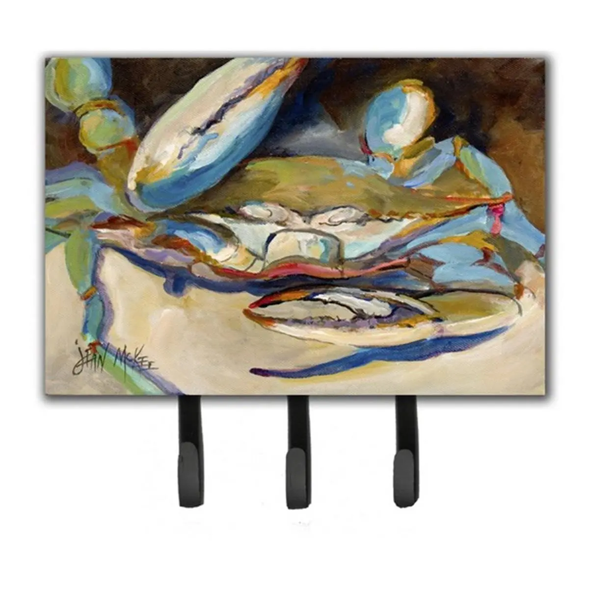 212 MAIN Blue Crab Claw-Themed Wall Mount Leash & Key Holder, Metal 3-Hook Hanger with Hardboard Tile, 6x2x9 in Home Decor