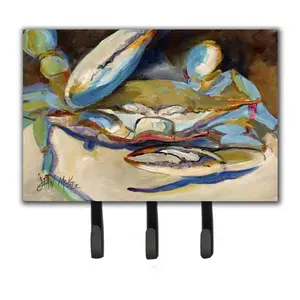 212 MAIN Blue Crab Claw-Themed Wall Mount Leash & Key Holder, Metal 3-Hook Hanger with Hardboard Tile, 6x2x9 in Room Decor for Home