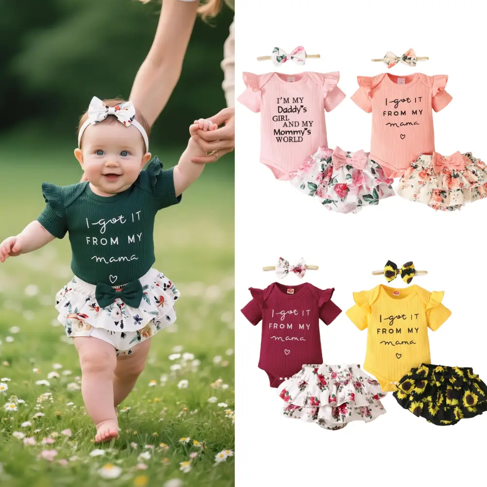 Baby Girls Cute Clothes Set Pink Girls Outfits Funny Letter Print Short Sleeve Top Romper Floral Shorts Headband 3PCS Set Green/Pink Monther‘s Day/Fat