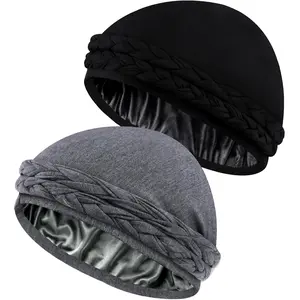 1/2 Pack Luxurious Silk Satin Lined Turban Head Wrap Set Soft Pre-Tied Skull Caps for Men and Women Perfect for Sleeping, Hair Cover, Chemo Patients