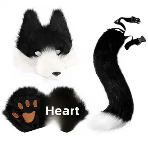 Adult Realistic Wolf Mask Set - 3D Fangs, Fluffy Polyester Fur Tail, Lightweight Spooky Party Prop, Comfortable Halloween Cosplay Accessory