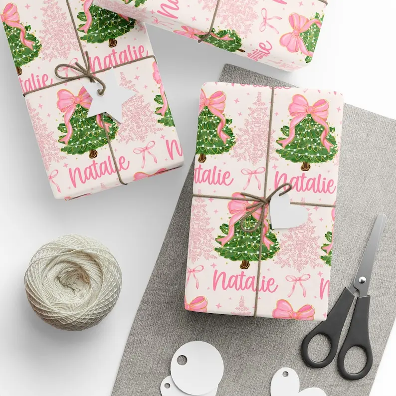 Personalized Pink Christmas Gift Wrapping Paper Rolls Girl Coquette Christmas Gift Wrap With Name Holiday Gift Wrap Custom Wrapping Paper
