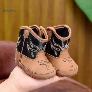 Baby Booties Cute Embroidery Western Cowgirl Boots Infant First Walker Shoes with Non-Skid Soles