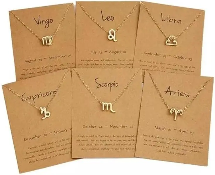 Zodiac Sign Pendant Charms Necklace 12 Constellation Necklace Choker Jewelry Gold/Silver - Description Card, Great Gift