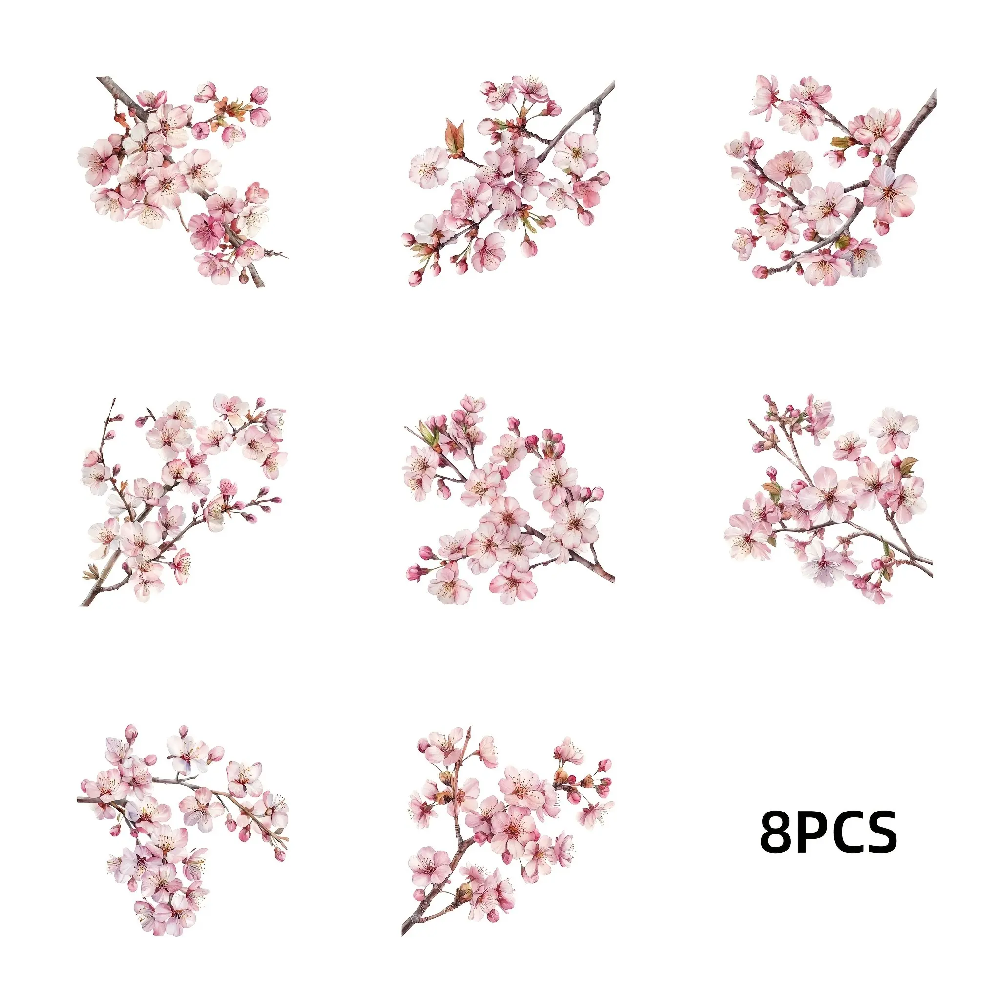 8pcs Cherry Blossom Branch Pattern Crystal Decoration Scrapbooking Stickers - Plastic, Glossy, Disposable, Suitable for Stationery Decoration, Laptops, Water Cups, Suitcases, Tables, Glass And Other Smooth Surfaces