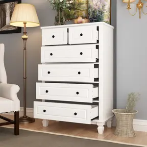FUFU&GAGA Modern Dresser Storage Chest with 4 Large Drawers, 2 Small Drawers & Carved Legs, Wood Dresser Chest for Bedroom, Living Room & Hallway, White (31.5”W x 15.7”D x 47.4”H)