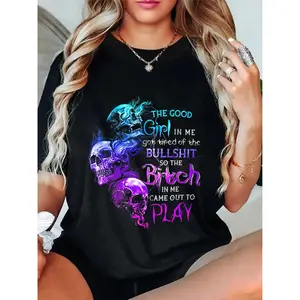 100% Cotton The Good Girl In Me Got Tired Of The Bullshit SKull Rose T-Shirt Graphic Concert T-Shirt heavyweight short sleeve