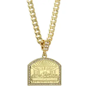 Jesus Last Supper Hip Hop Gold Silver Plated Cubic Zirconia Pendant & 5mm 20" 24" 14K Stamped Cuban Chain Bling Necklace Jewelry Unisex Men Women