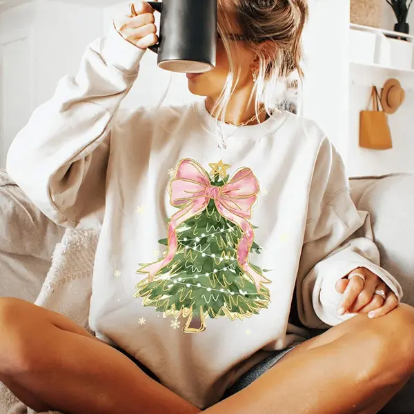 Coquette Christmas Tree Bow Sweatshirt, Cute Holiday Sweater, Pink Ribbon Tree Sweater, Festive Xmas Sweatshirt for Women, Cozy Winter Gift