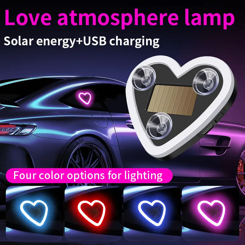 Solar Car Heart Atmosphere Light, Wire-Free Installation Window Triangle Lamp, Dual Power Supply, Car Romantic Decoration Neon Lights, Led Ambient Light, Car Decorative Light, Car Ambient Lighting