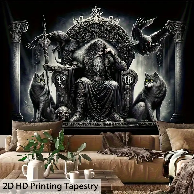Viking-Inspired Tapestry Wall Hanging - Soft Peach Light Beige Velvet 85gsm Polyester, Norse Mythology Design with Odin Throne, Ravens & Wolves, Horizontal Living Room Decor, No Electricity Needed, Nordic Style Decor, Indoor Decoration, Nor